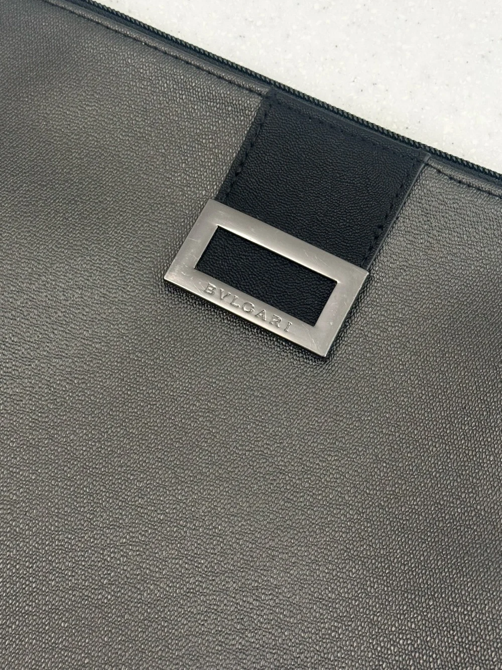 Bvlgari Black Leather Tablet Makeup Pouch Case Clutch Logo Clasp Zipper Closure